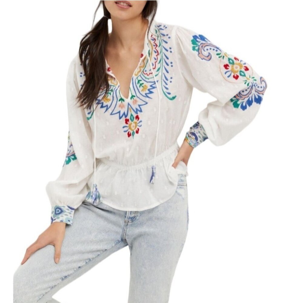Anthropologie Forever That Girl Penny Lane Embroidered Peplum Blouse Folk Art